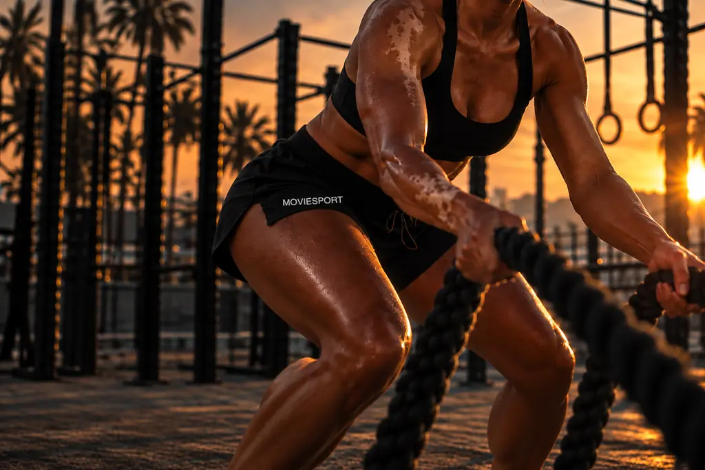 Athlète aux battle ropes dans un parc de street workout, palmiers en contre-jour