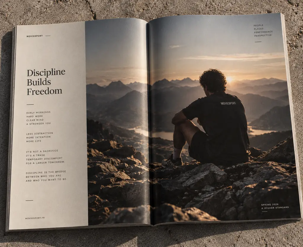 Le Journal MovieSport ouvert sur une page manifeste et un homme assis face aux montagnes