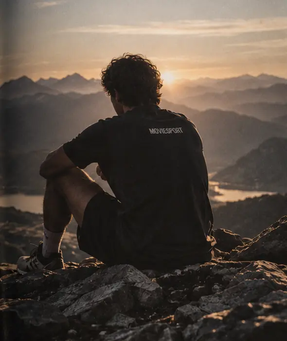 Page du Journal MovieSport : un homme assis au sommet face aux montagnes, maillot MovieSport