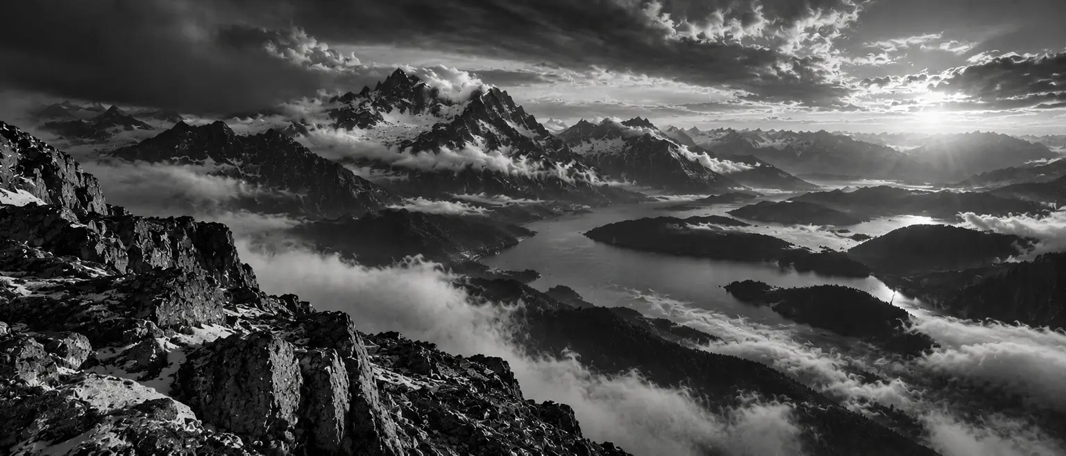 Massif rocheux dominant les nuages et un lac de montagne, en noir et blanc