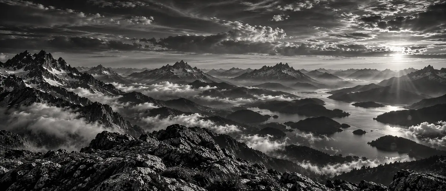 Soleil levant sur un fjord et ses îles entre les montagnes, en noir et blanc