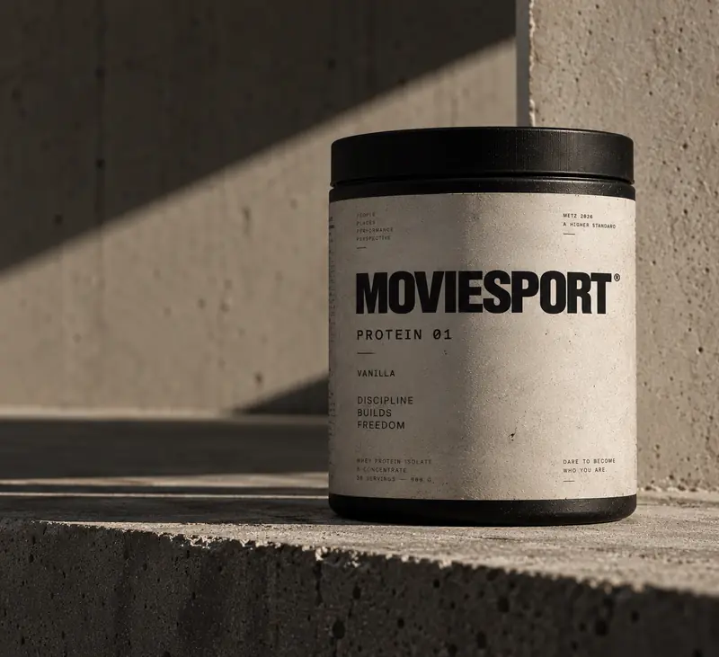 Bote Protein 01 MovieSport sobre un escalón de hormigón, luz de final del día