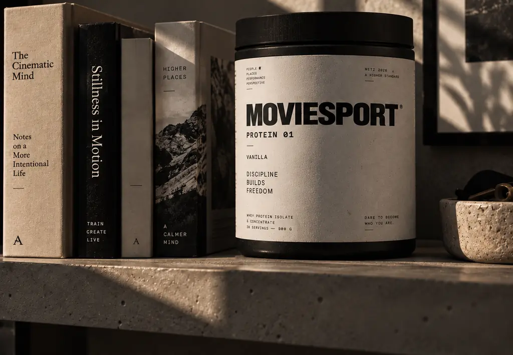 Estantería de hormigón con libros sobre la disciplina y un bote Protein 01 MovieSport
