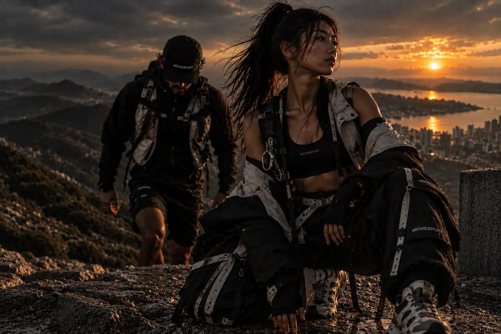 Athlète en tenue technique accroupie au sommet, face à la baie au coucher du soleil